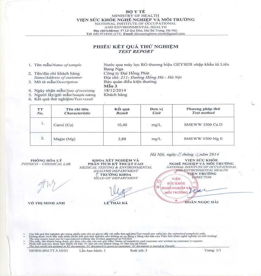 Kết quả kiểm tra máy lọc nước Geyser