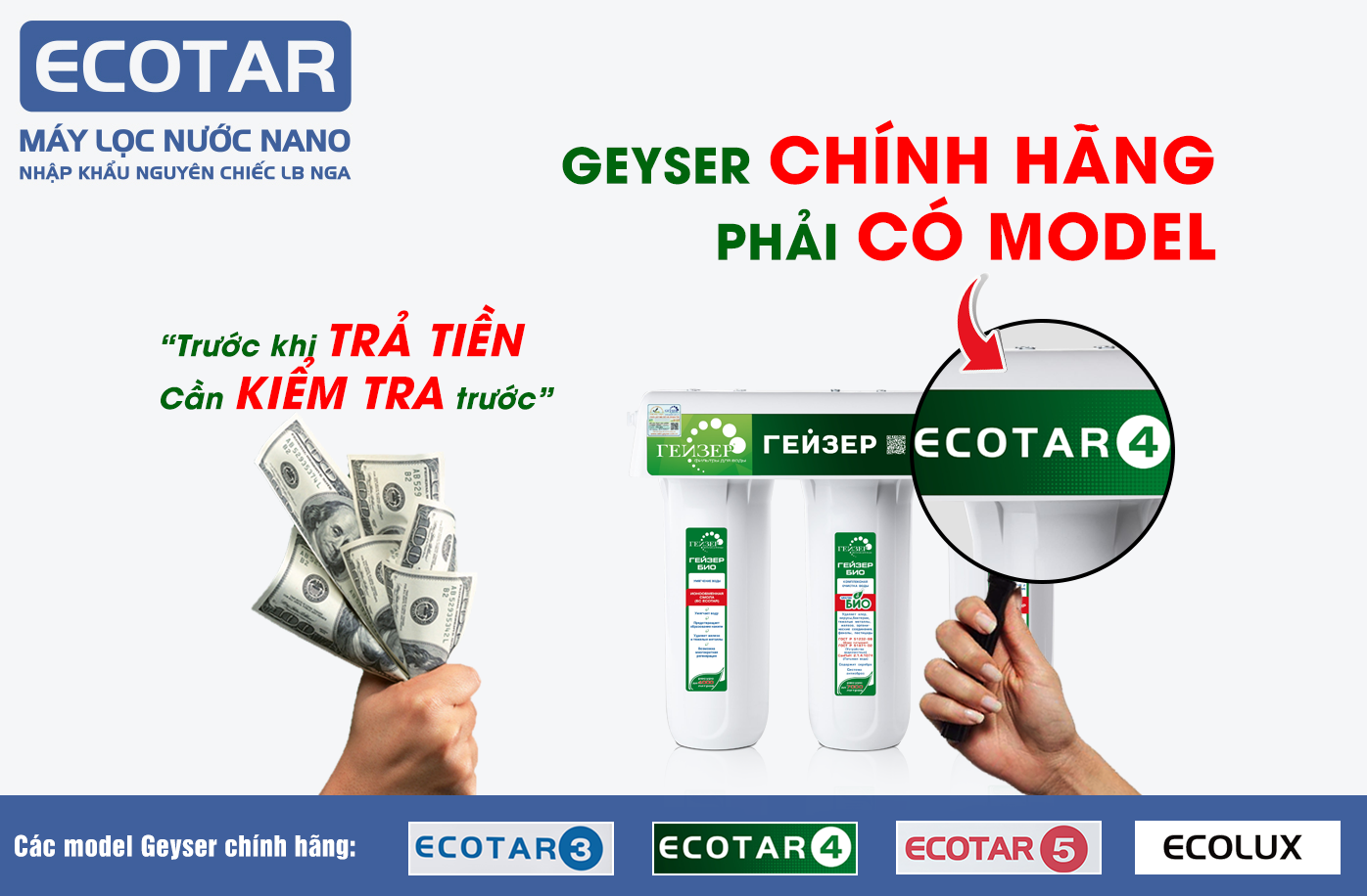 Kiểm tra Máy lọc nước nano Geyser ECOTAR 4 chính hãng